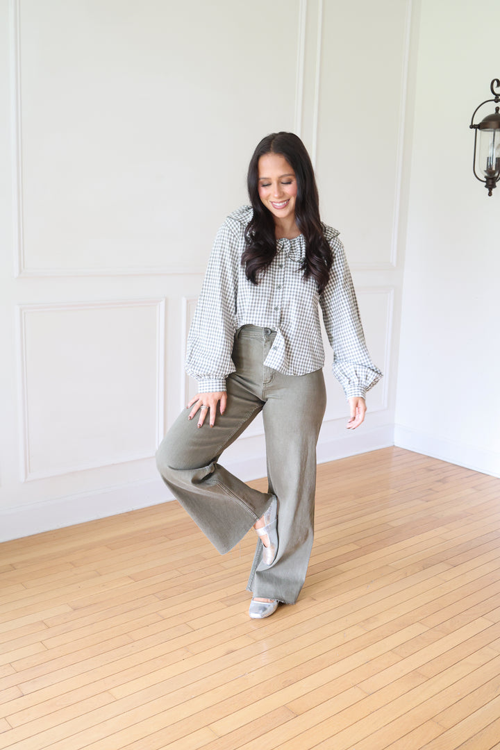 Claire Straight Wide Leg Denim Pants - Fade Olive