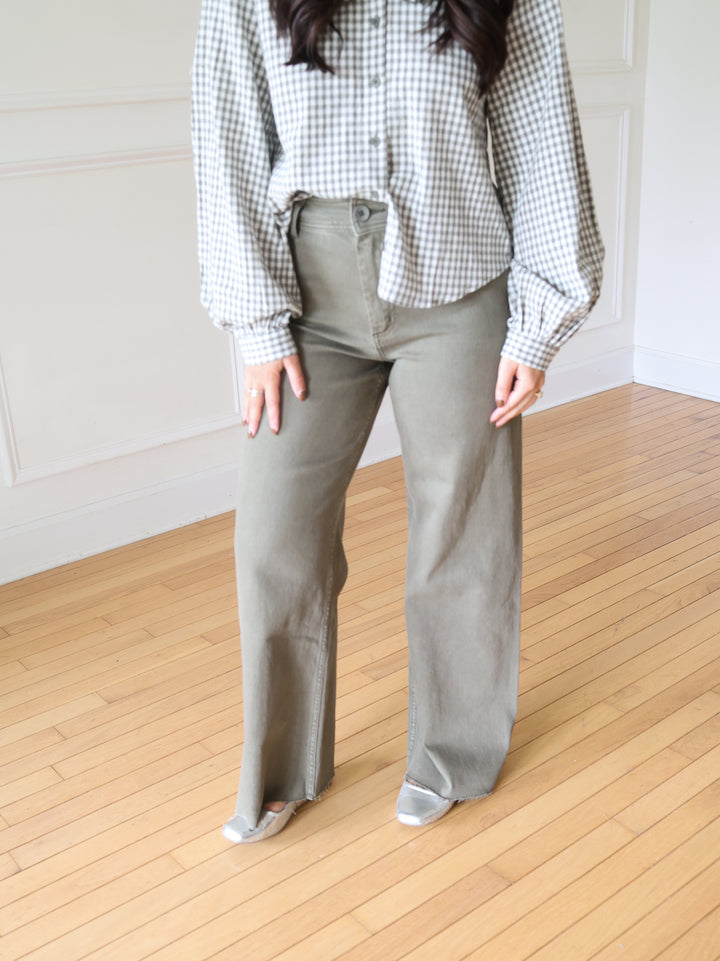 Claire Straight Wide Leg Denim Pants - Fade Olive