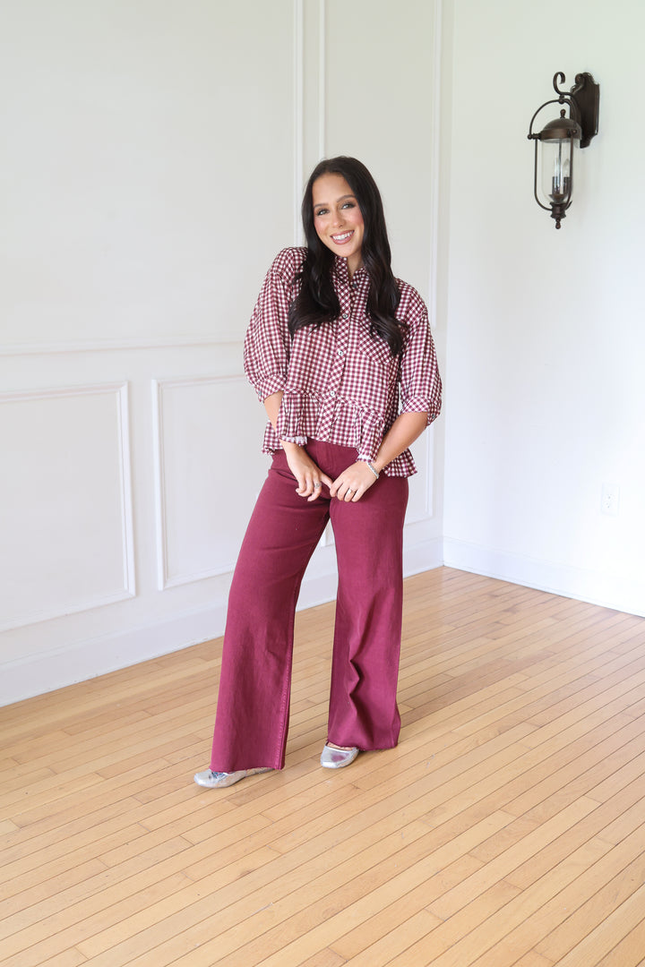 Claire Straight Wide Leg Denim Pants - Maroon