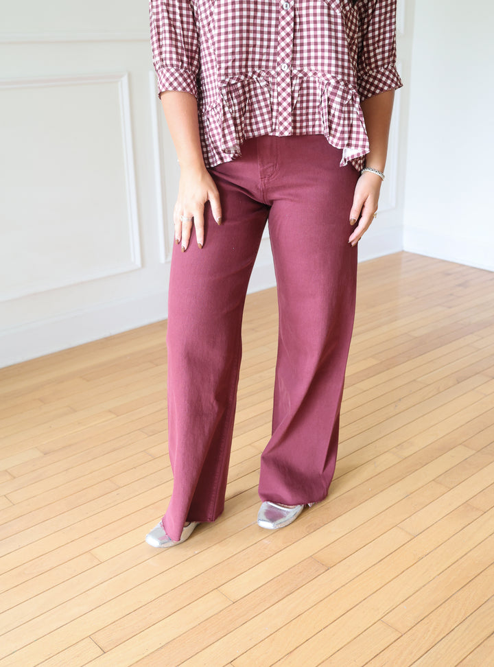 Claire Straight Wide Leg Denim Pants - Maroon