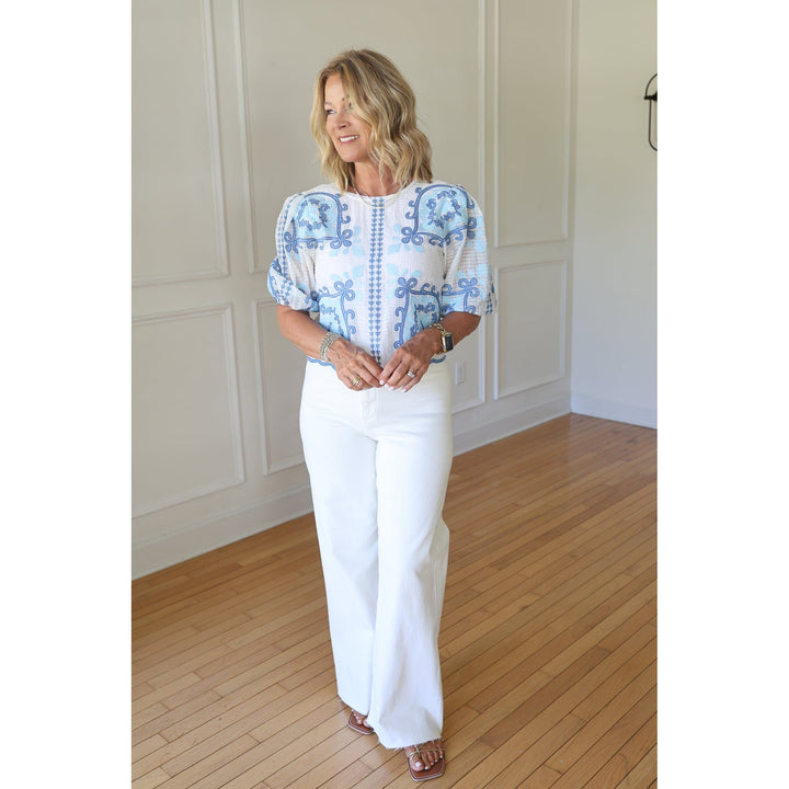 Como White Top With Blue Embroidery