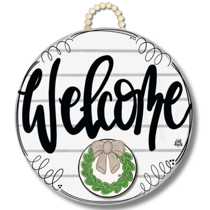 Round decorative sign with 'Welcome' text and wreath design on a white background