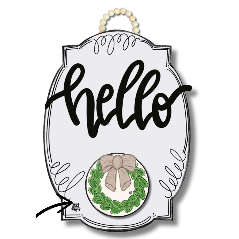 Decorative sign with 'hello' text and wreath design on a white background