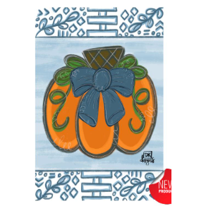 Decorative pumpkin  flag with a blue bow on a patterned background