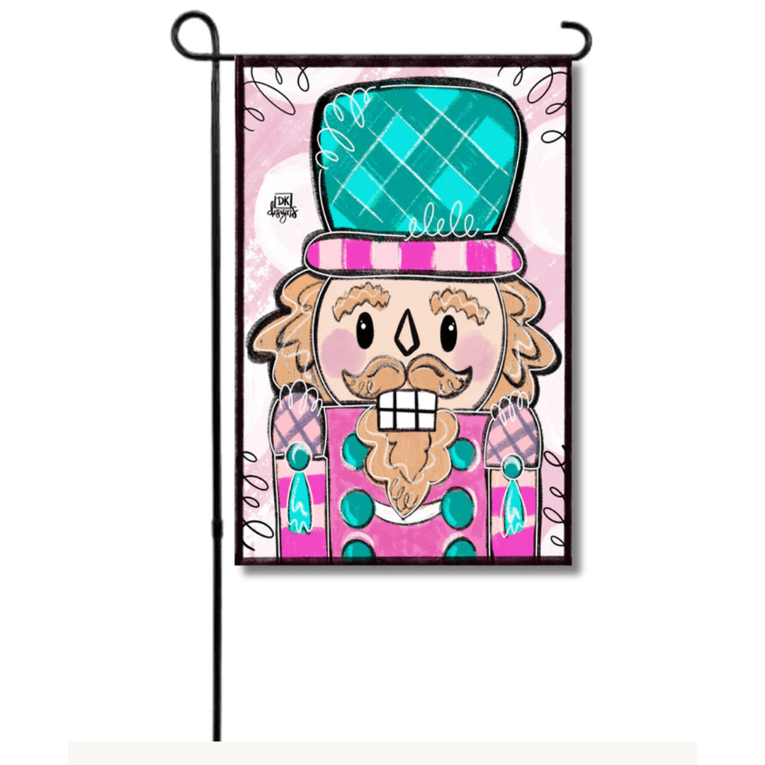 Decorative garden flag with a cartoon character wearing a top hat and plaid outfit 