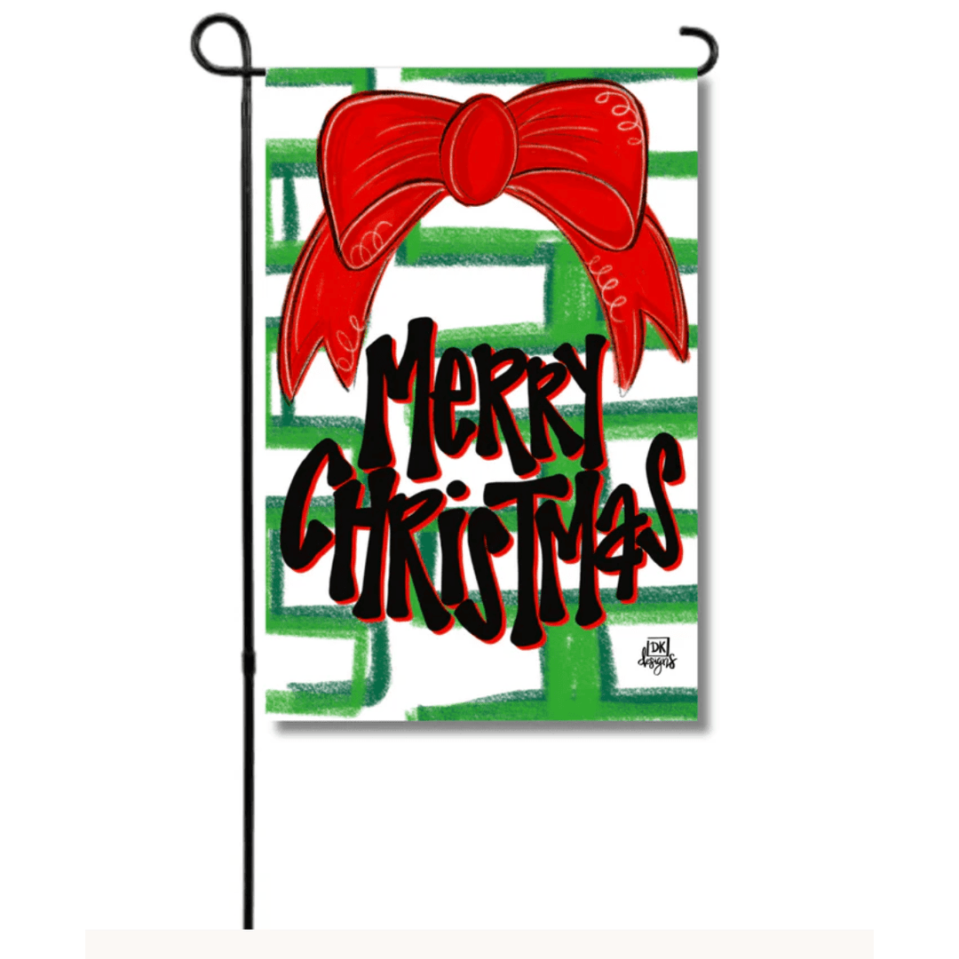 Christmas-themed garden flag with a red bow and 'Merry Christmas' text on a green and white striped background.