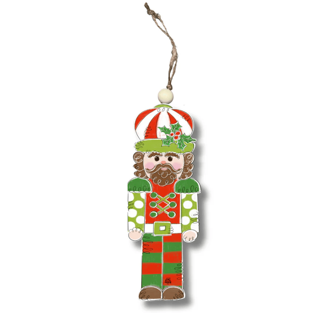Decorative Christmas ornament shaped like a nutcracker with a colorful outfit on a white background.