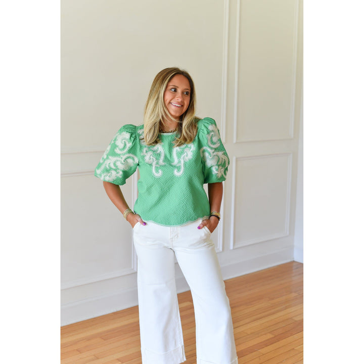 Peyton Green Embroidered Puff Sleeve Top