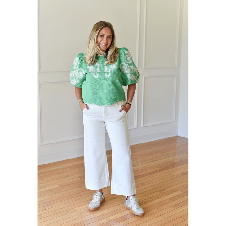 Peyton Green Embroidered Puff Sleeve Top