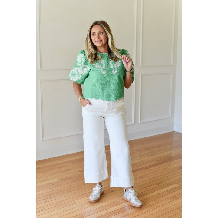 Peyton Green Embroidered Puff Sleeve Top