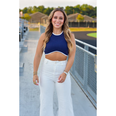 Cropped Navy and White Top