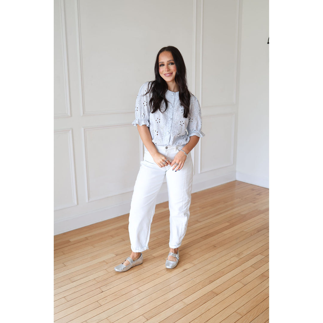 WOMEN'S BLUE EYELET TOP