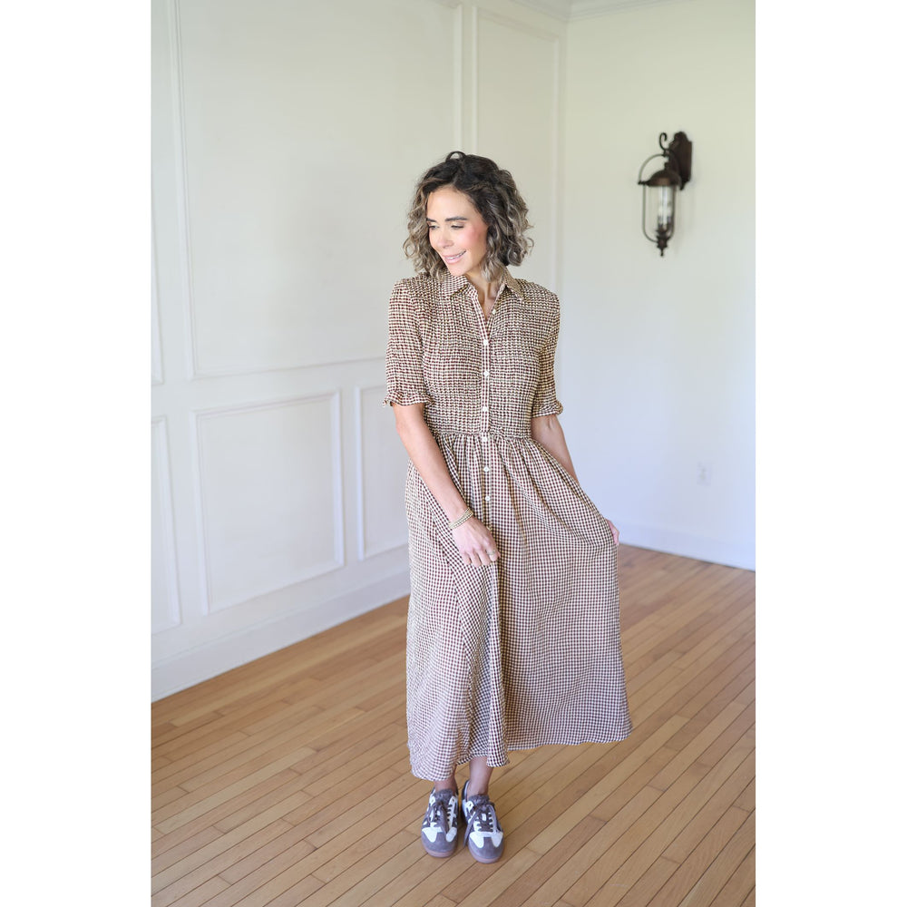 brown and white gingham dress