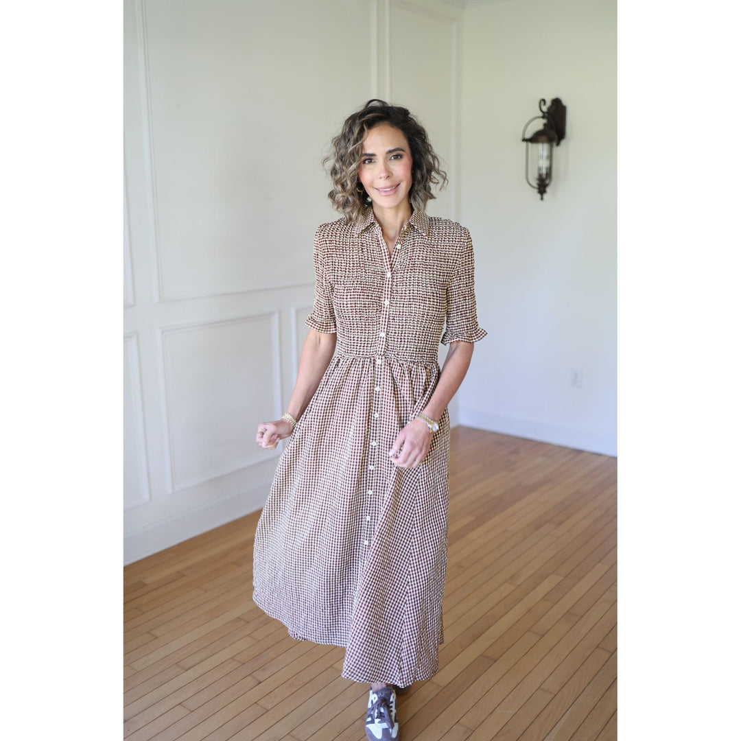 brown and white gingham dress