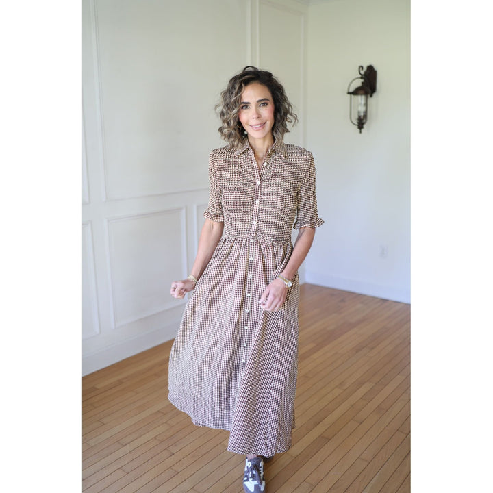 brown and white gingham dress