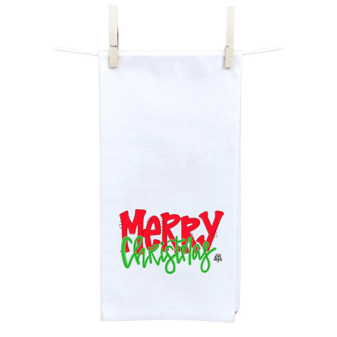 white tea towel with Merry Christmas