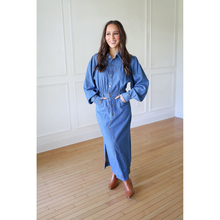 Woman wearing a blue denim outfit 