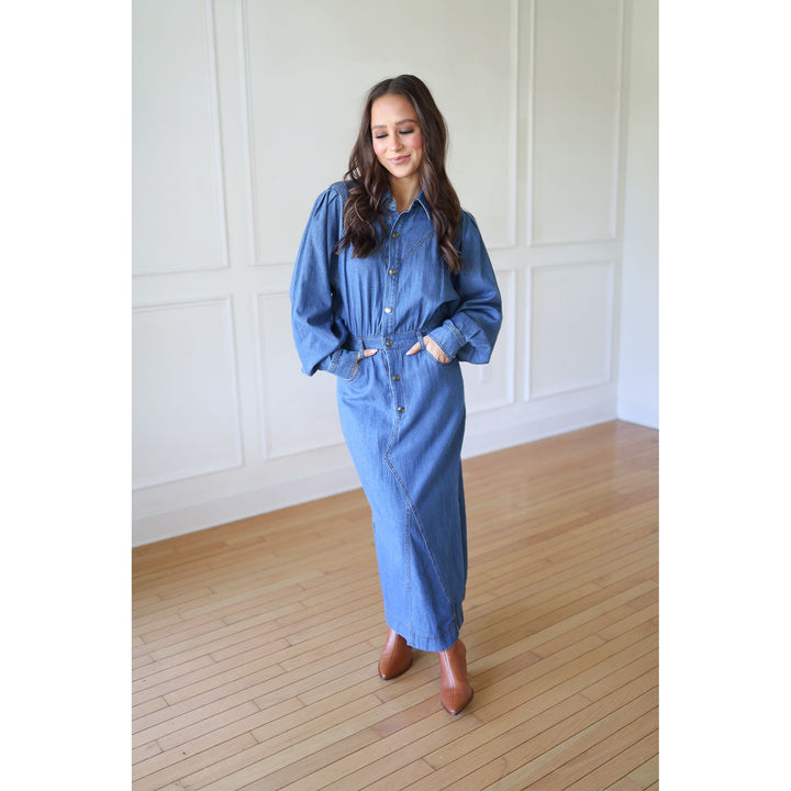 Woman wearing a blue denim outfit 