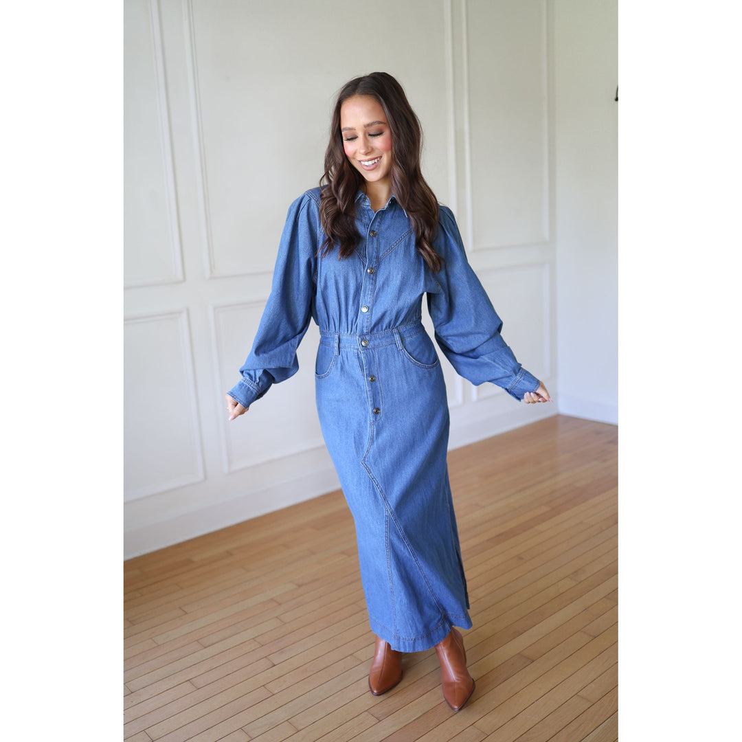 Woman wearing a blue denim outfit 