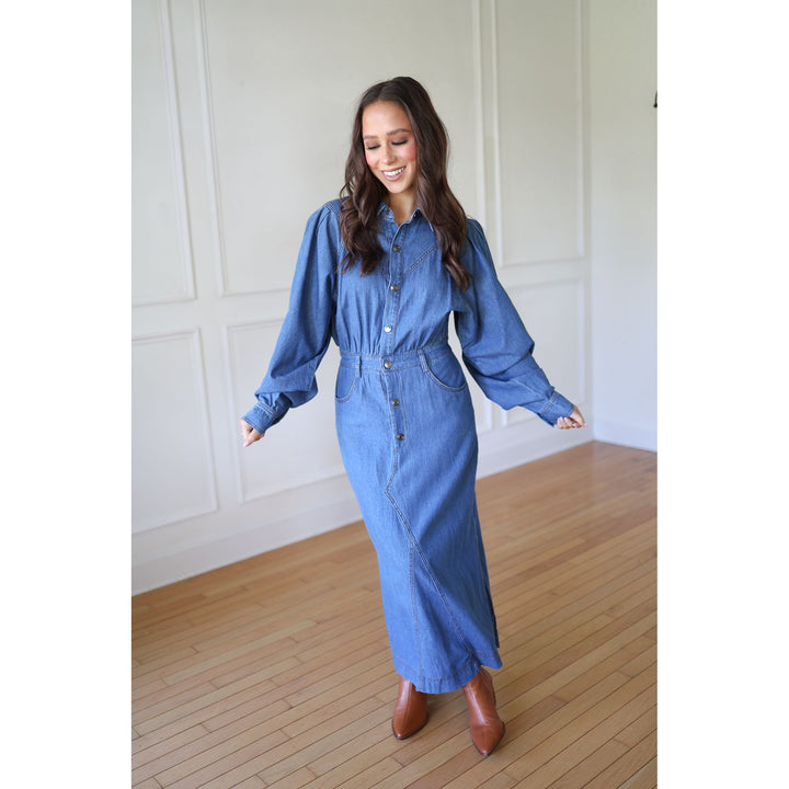 Woman wearing a blue denim outfit 