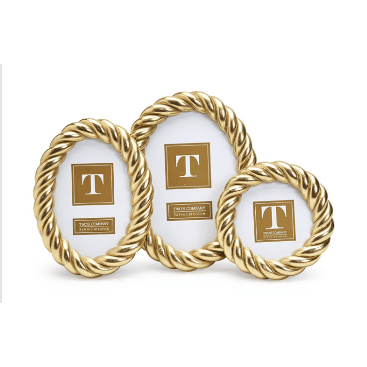 Three gold rope-style picture frames with a central brand logo on a white background