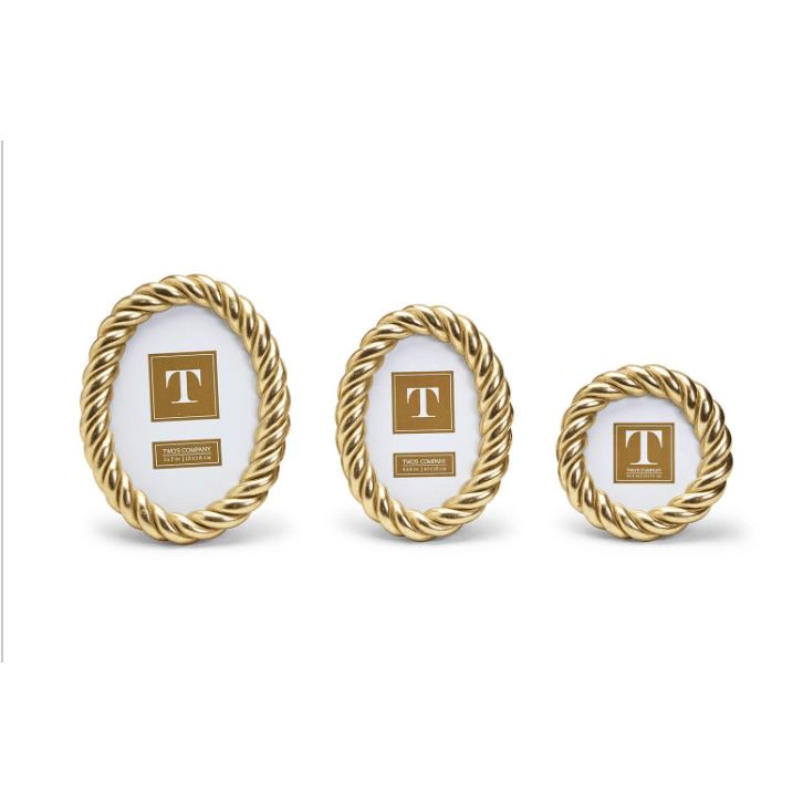 Three gold rope-style picture frames with a central brand logo on a white background