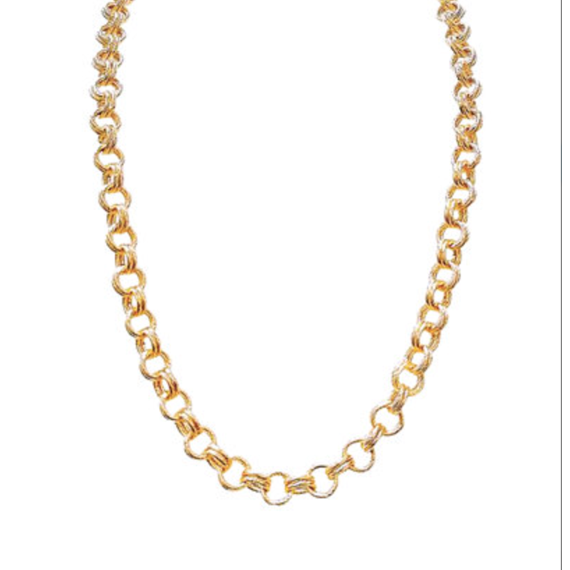 A gold chain necklace with a distinctive openwork, interlocking link design.
