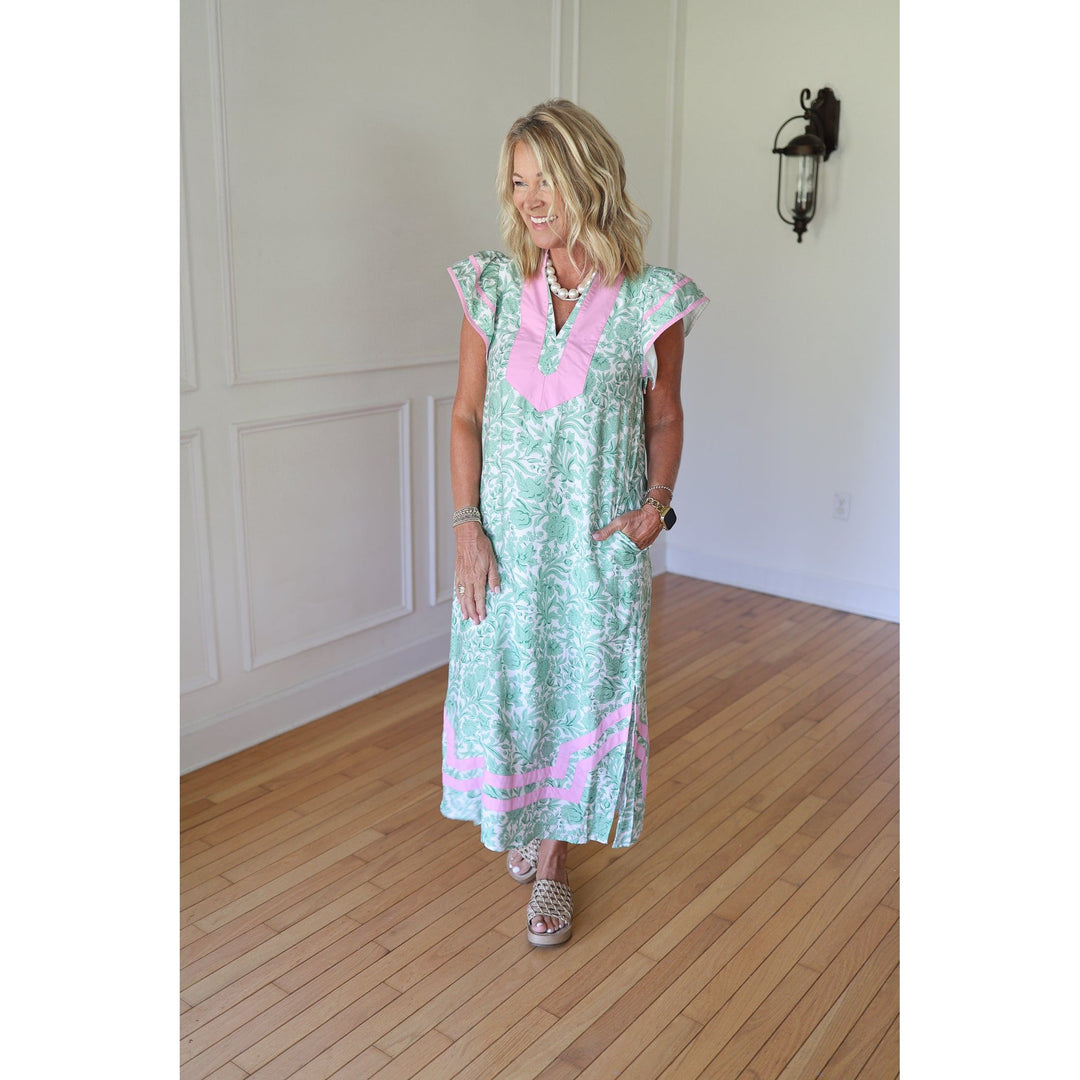 green pink and white maxi dress