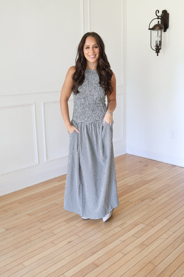 woman wearing Black Gingham Midi Dress