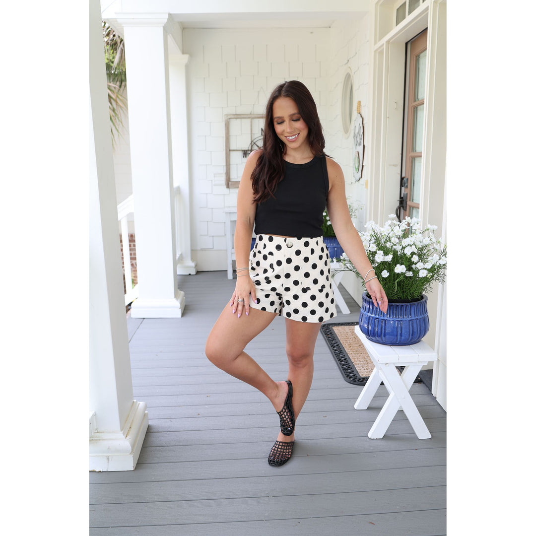 black polka dot linen short