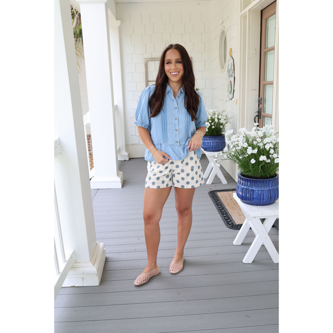 black polka dot linen short