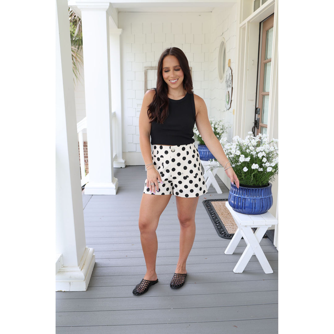 black polka dot linen short