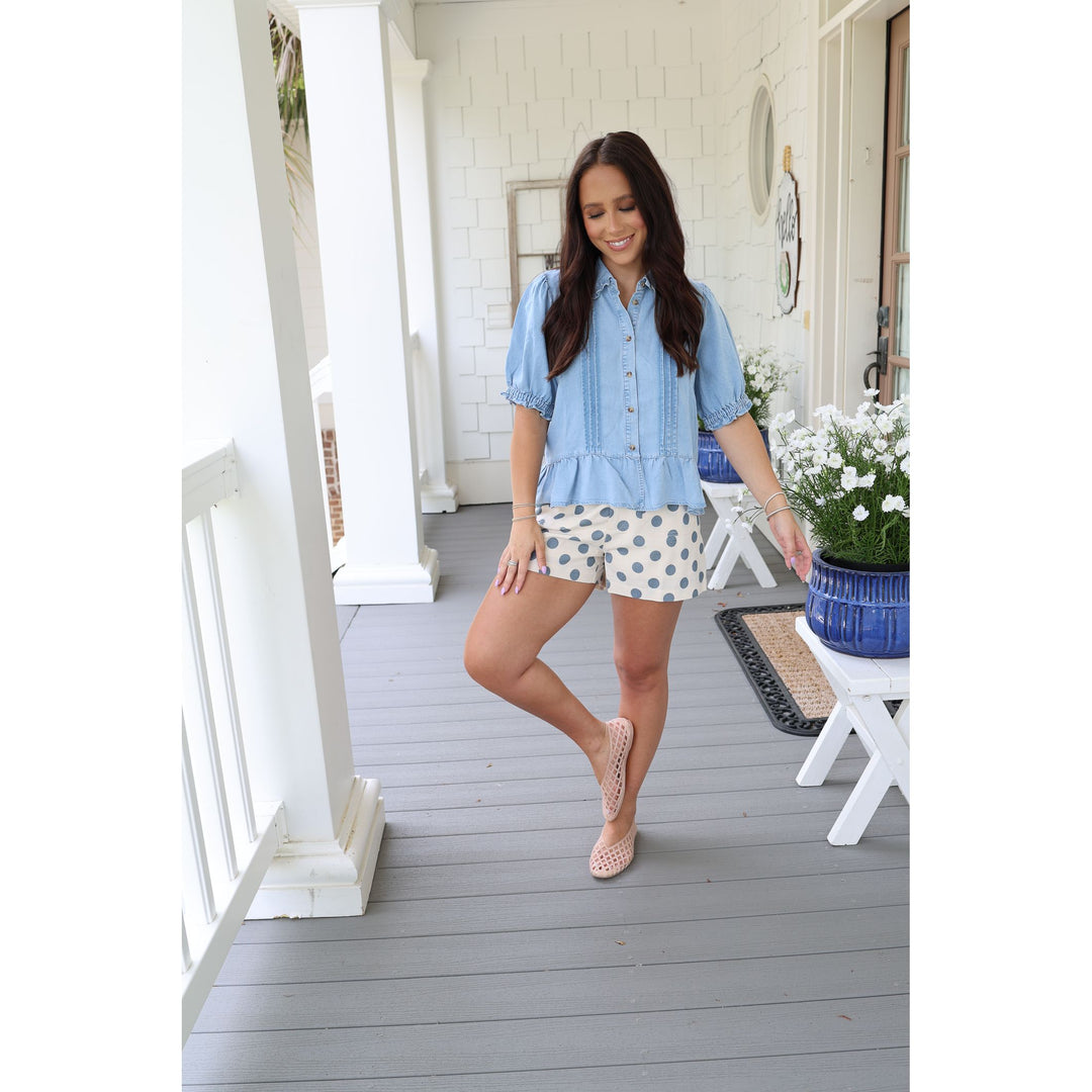 blue polka dot linen short 