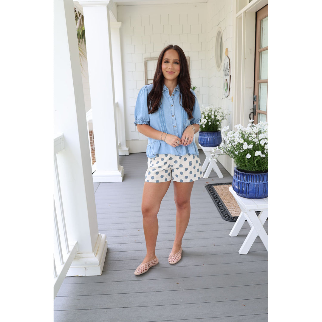 blue polka dot linen short