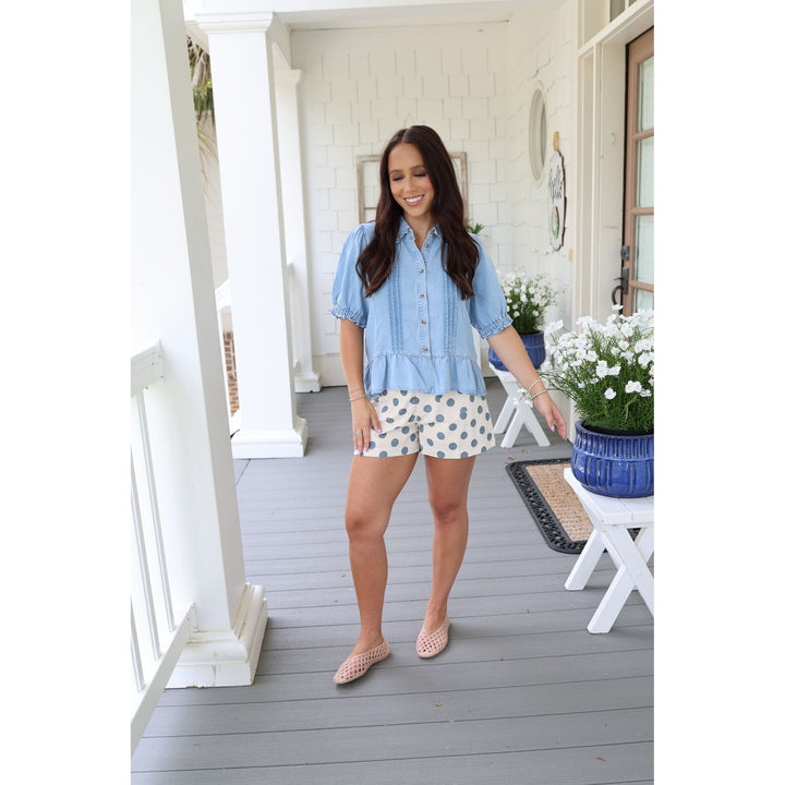 blue polka dot linen short