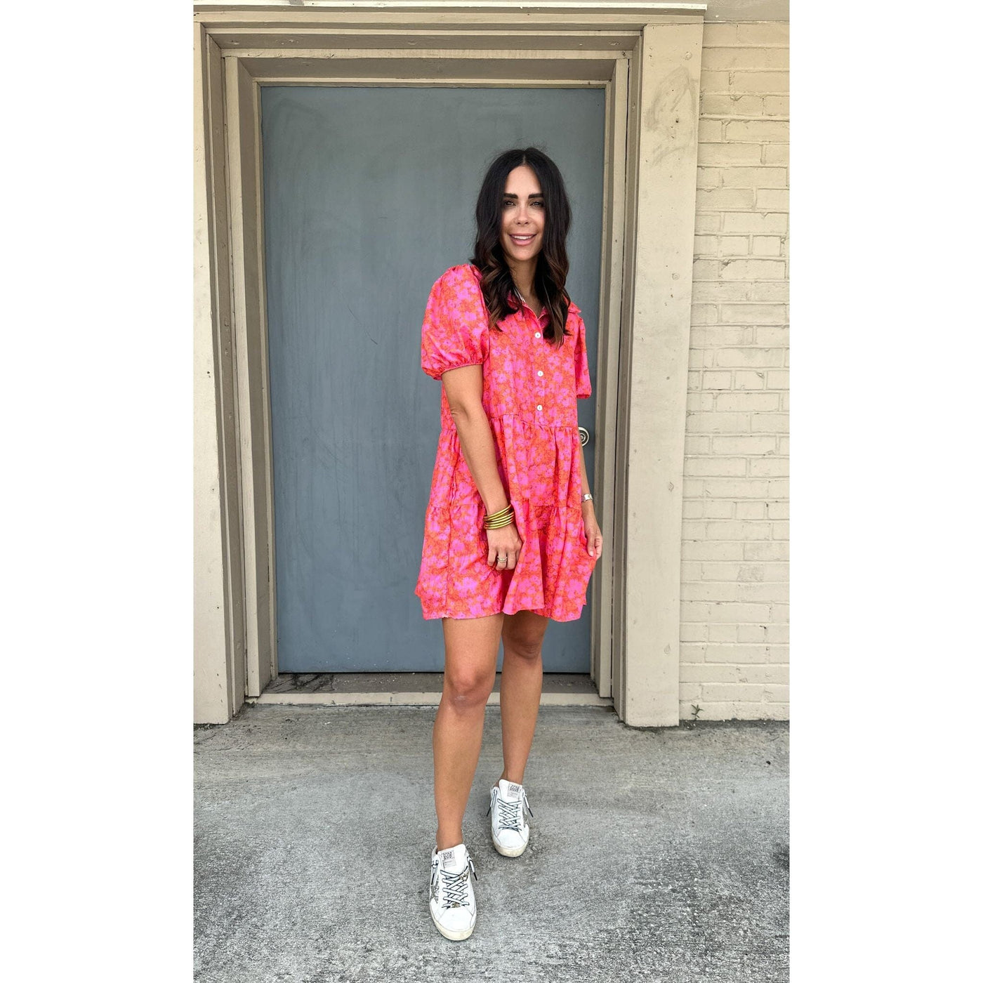 Pink and Orange Button Front Shirt Dress