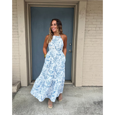 Blue and White Toile Halter Maxi Dress