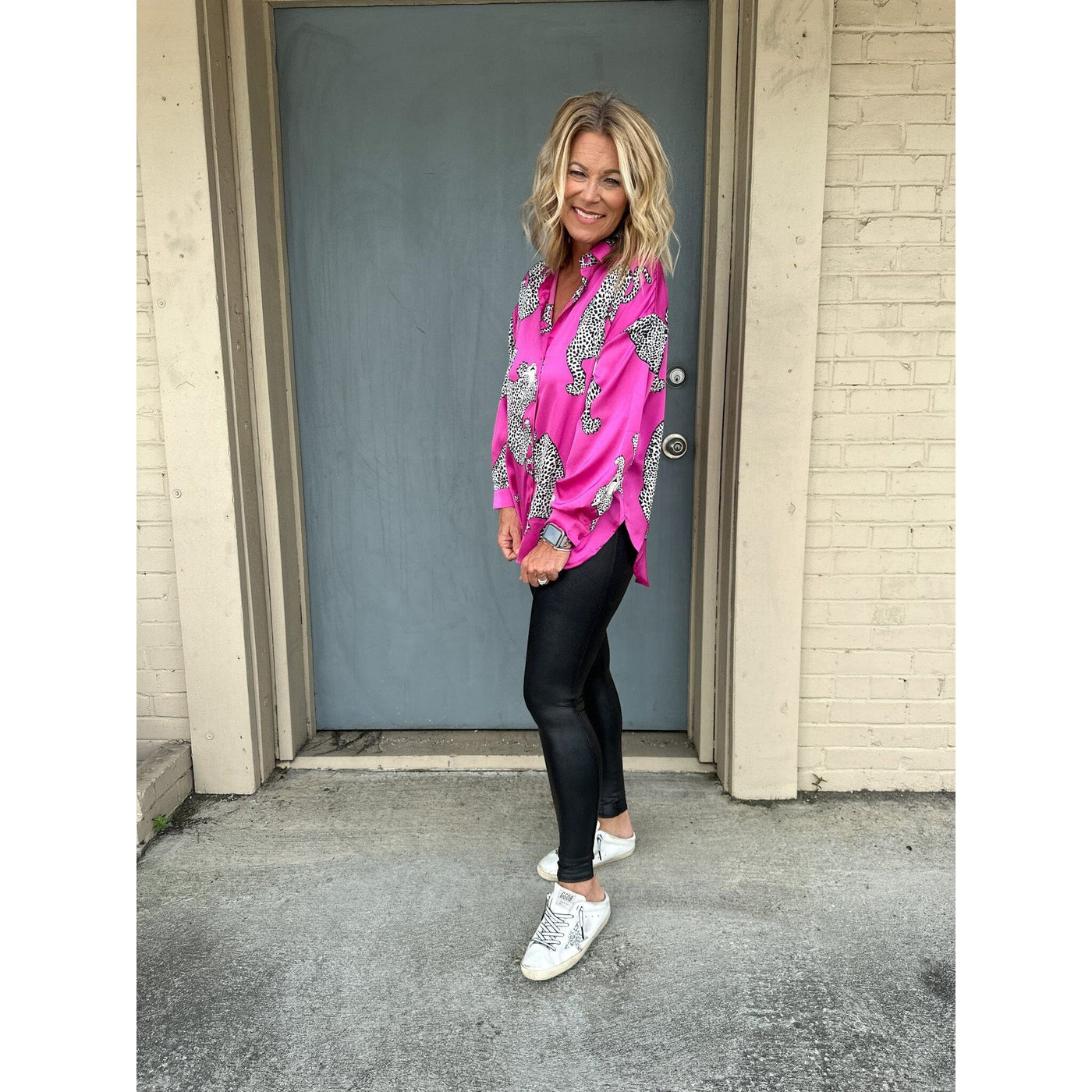 Hot Pink Satin Button Down with Leopard Print