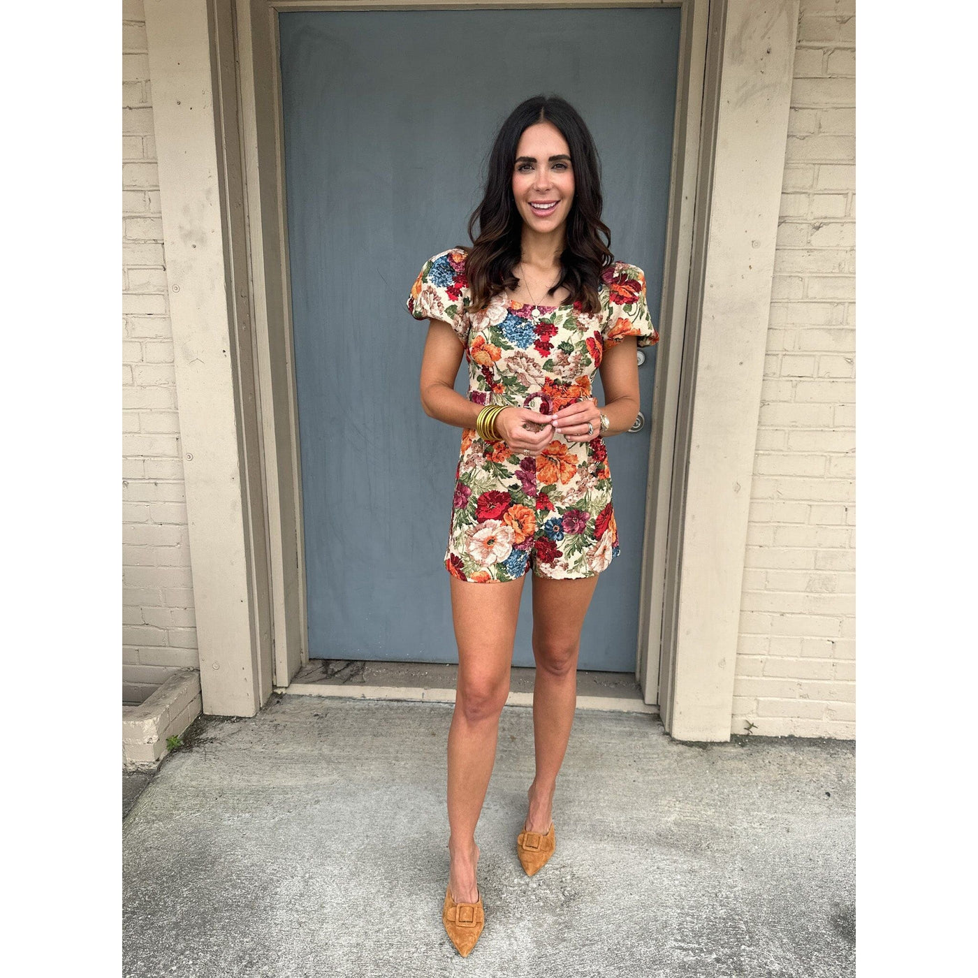 Taupe Floral Print Romper with Puff Sleeves