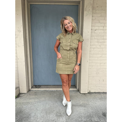Olive Utility Dress with Front Button Closure