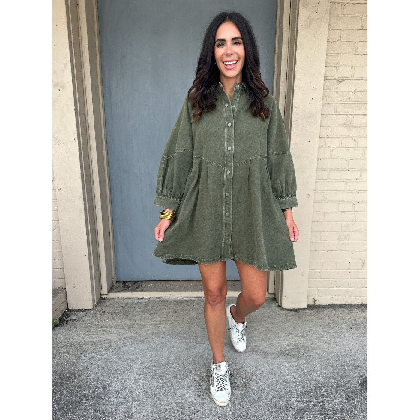 Olive Green Button Up Collared Dress
