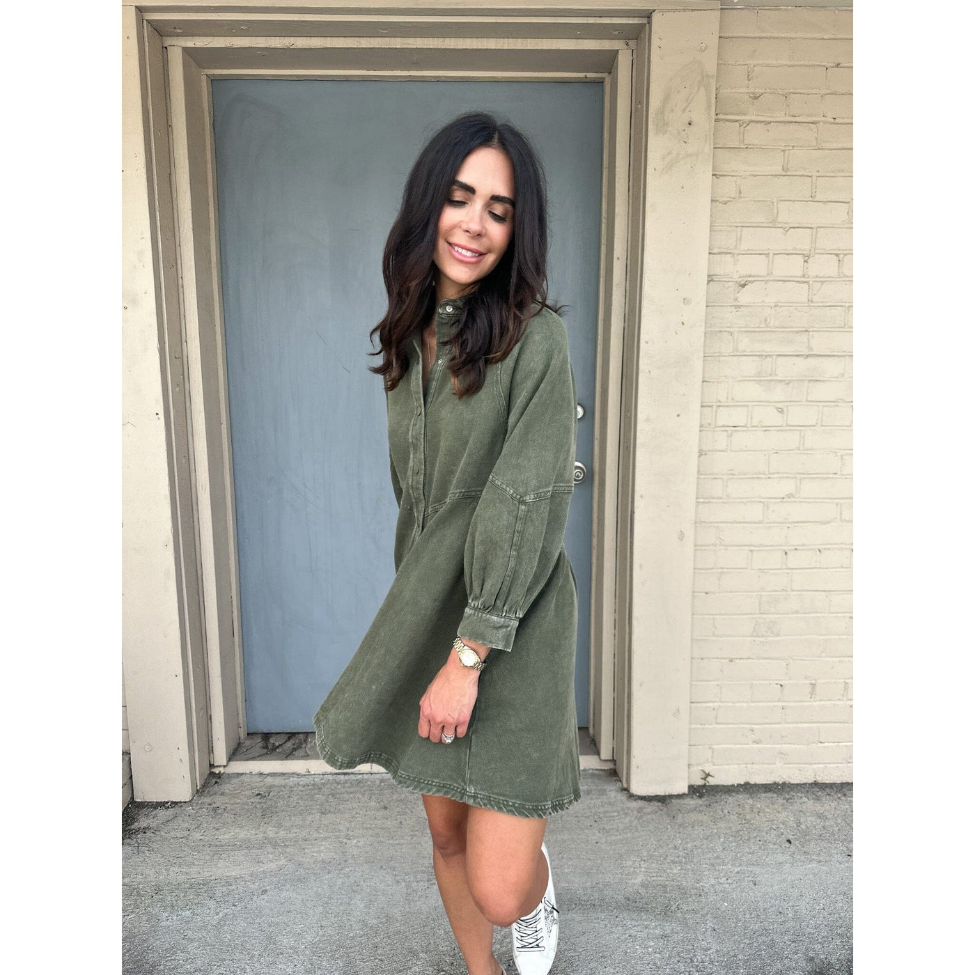 Button Up Denim Dress in Olive Green