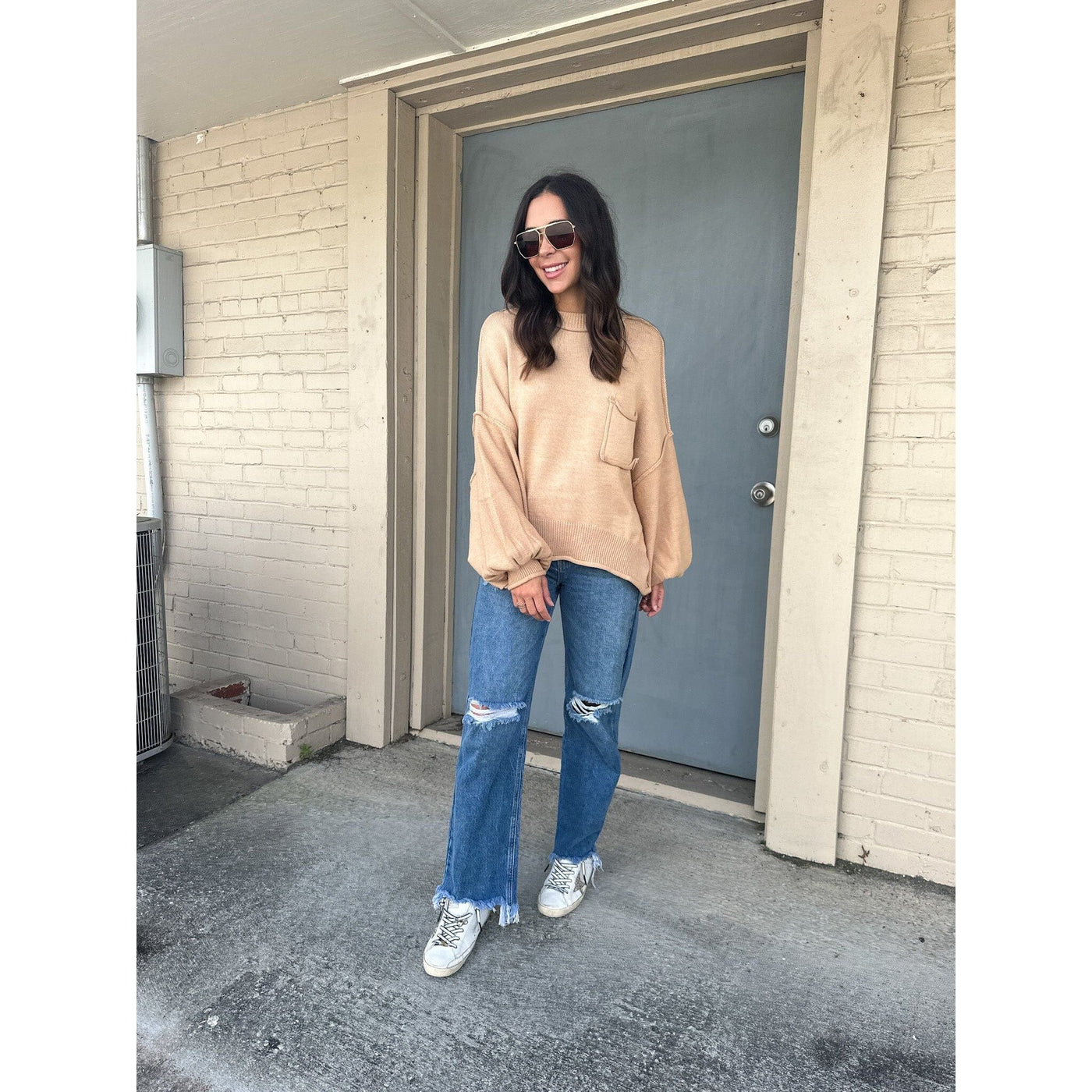 Raw Hem Relaxed Fit Caramel Sweater
