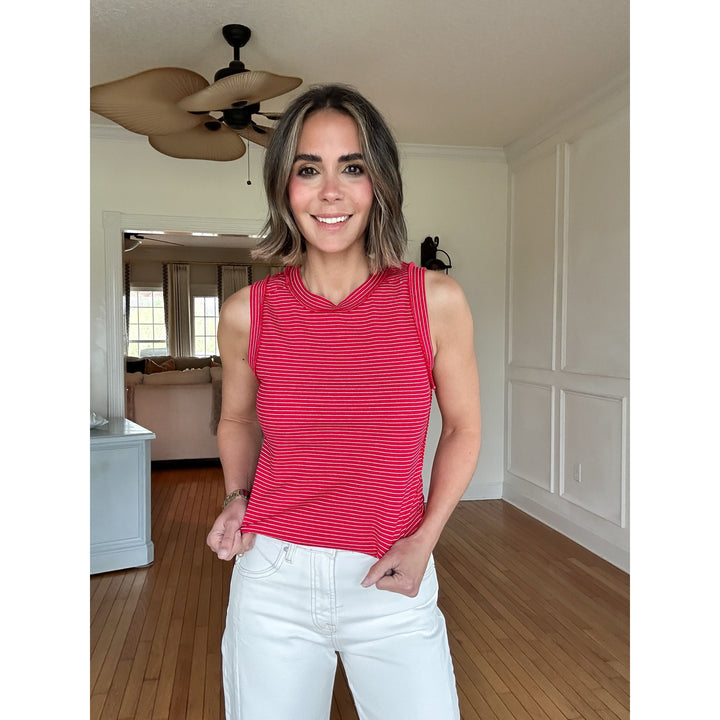 Maelee Red and White Raw Hem Tank
