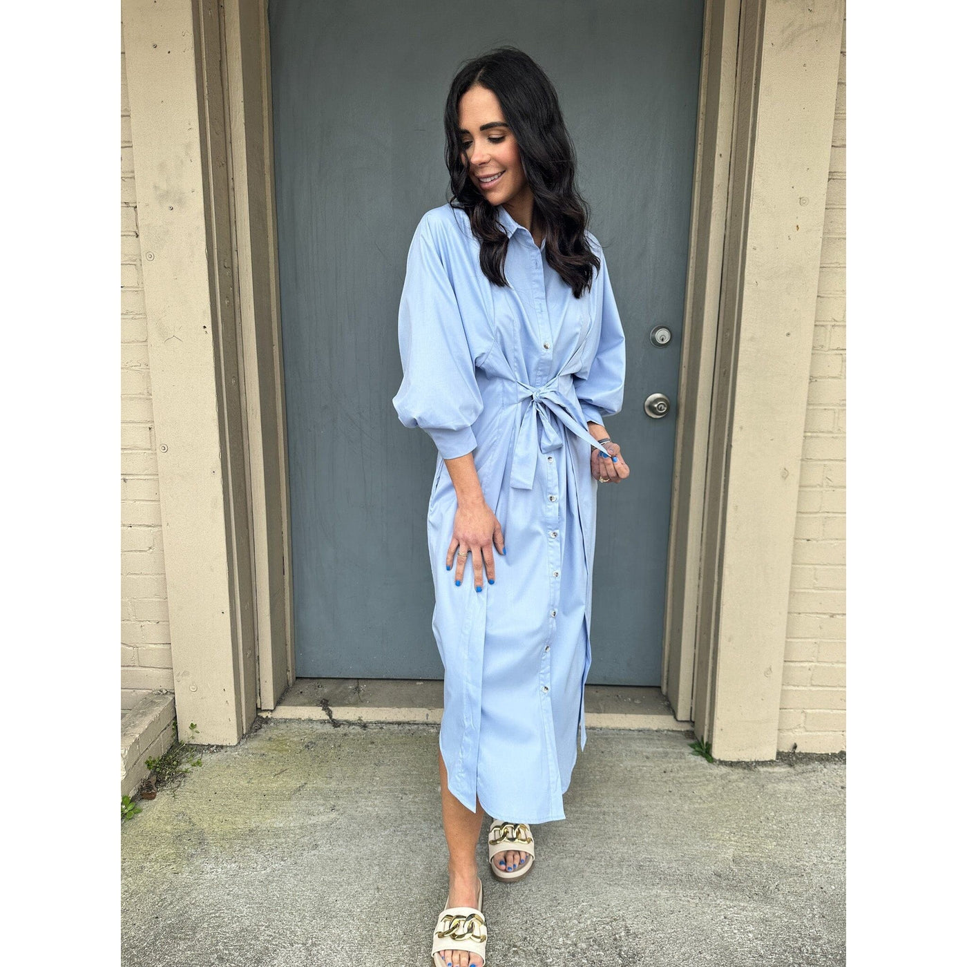 Baby Blue Collared Tie Front Midi Dress