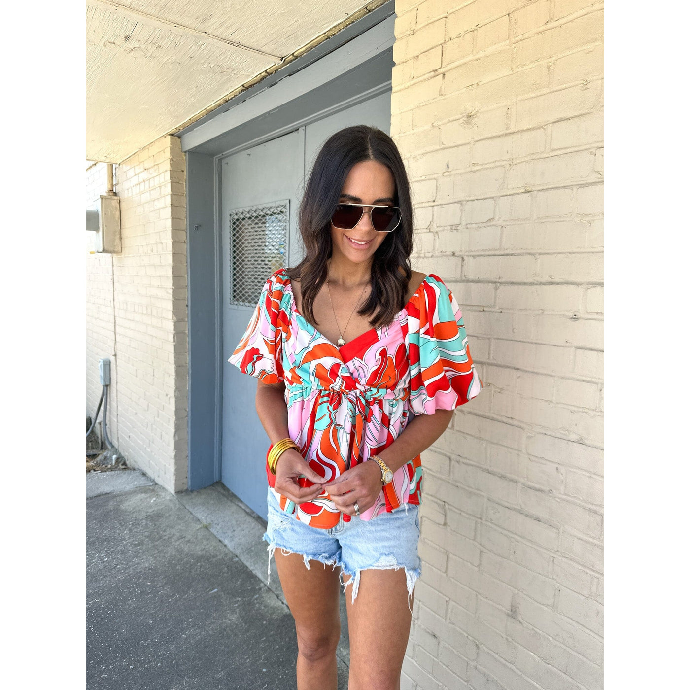 Colorful Printed Puff Sleeve Top