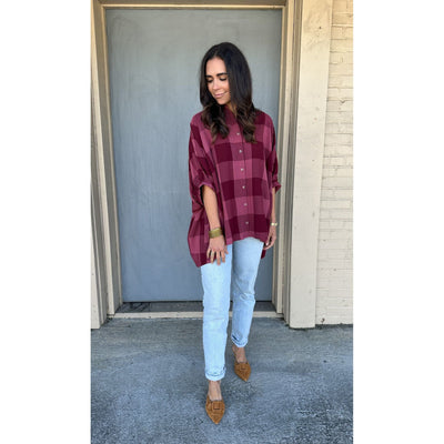 Burgundy Relaxed Fit Buffalo Check Blouse