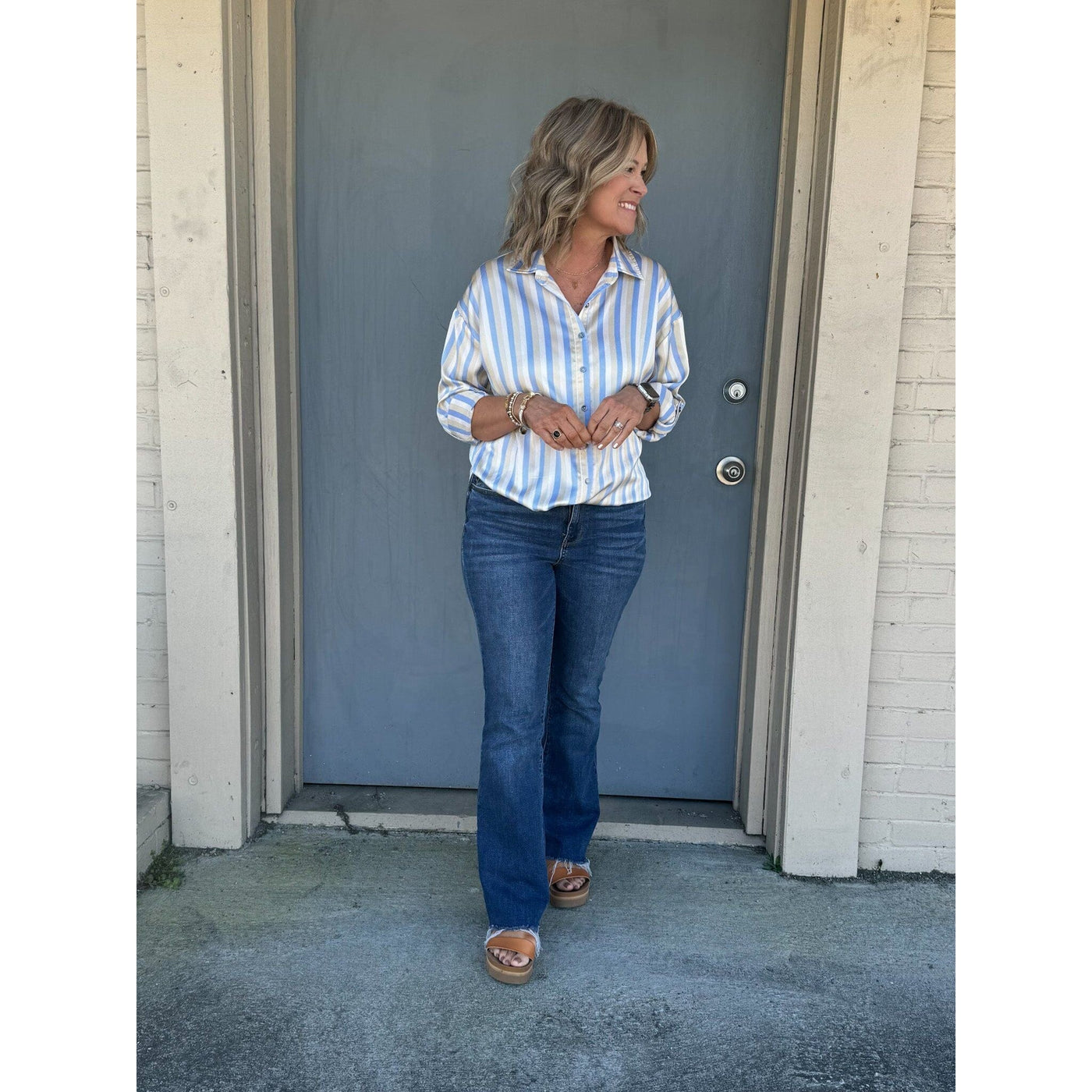 Blue and Tan Striped Button Down
