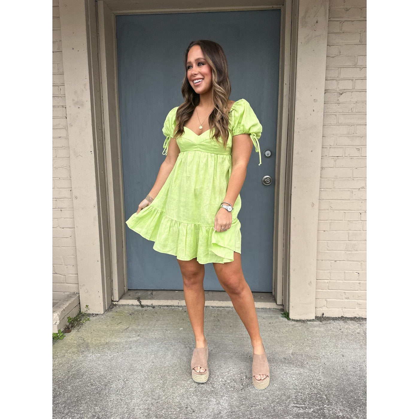 Lime Green Mini Dress with Puff Sleeves