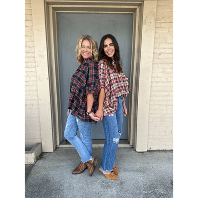 Oversized Button Down in Black or Tan Plaid